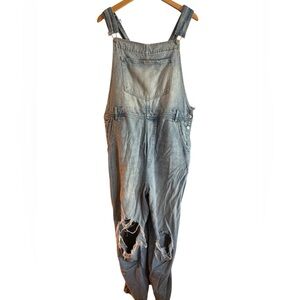 Free People Wide Leg Flare Distressed Denim Overalls